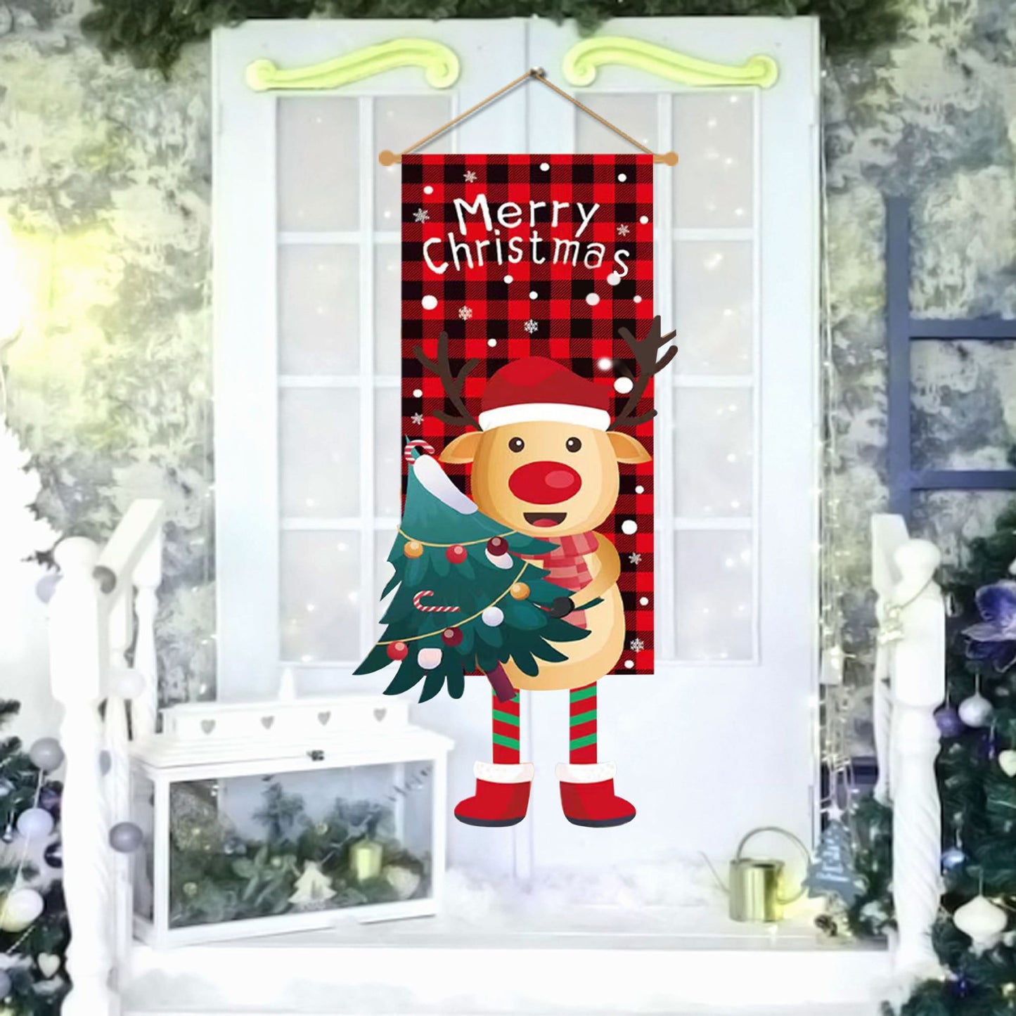 Cross-border classic plaid Christmas flag decoration couplet lantern elf family restaurant KTV shopping mall holiday decoration