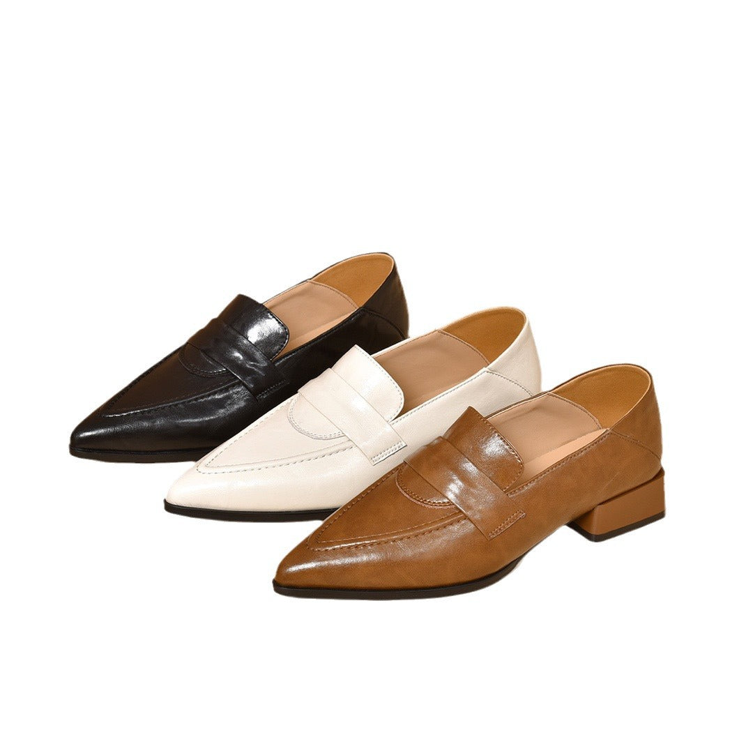 2024 New Leather Block Heel Shoes Women's Slip-On Shoes Mid-Heel British-style Soft-Sole Pointed Toe Loafers