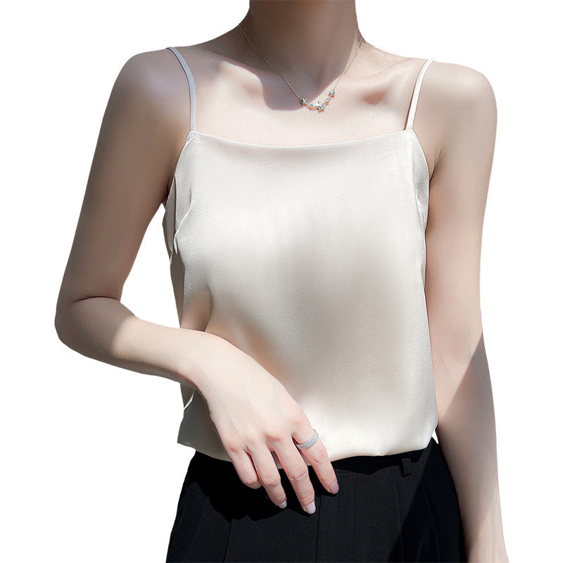 The new summer 2023 suspender silk wear suit with acetate satin neckline temperament top and vest inside