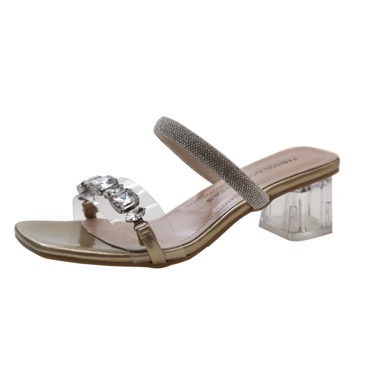 Size 35-42 Large Size Women's Shoes High Heel Rhinestone Sandals Women's Summer Wear Temperament Sheer Heel Block Heel Slippers 41