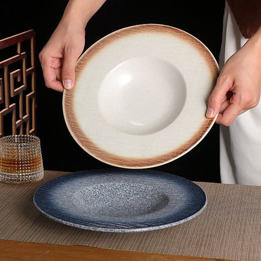 Japanese ceramic flying saucer plate, straw hat plate, round pasta plate, underglaze color soup plate, deepening retro deep dish, retro style