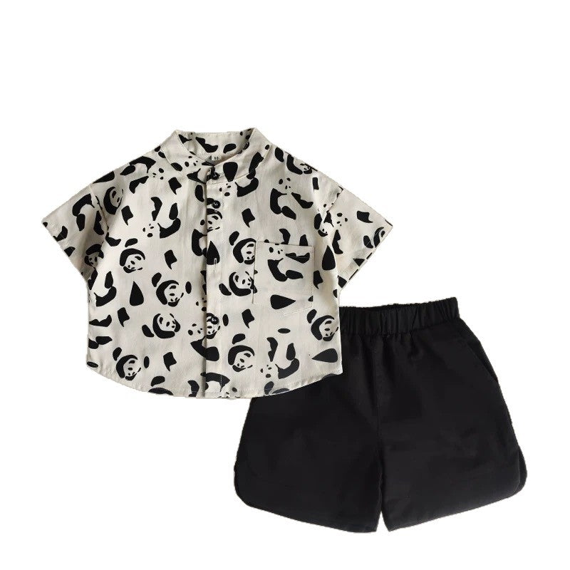 Factory direct sales children's short-sleeved shirts, boys' 2025 summer suits, new panda cartoon babies, one piece delivery