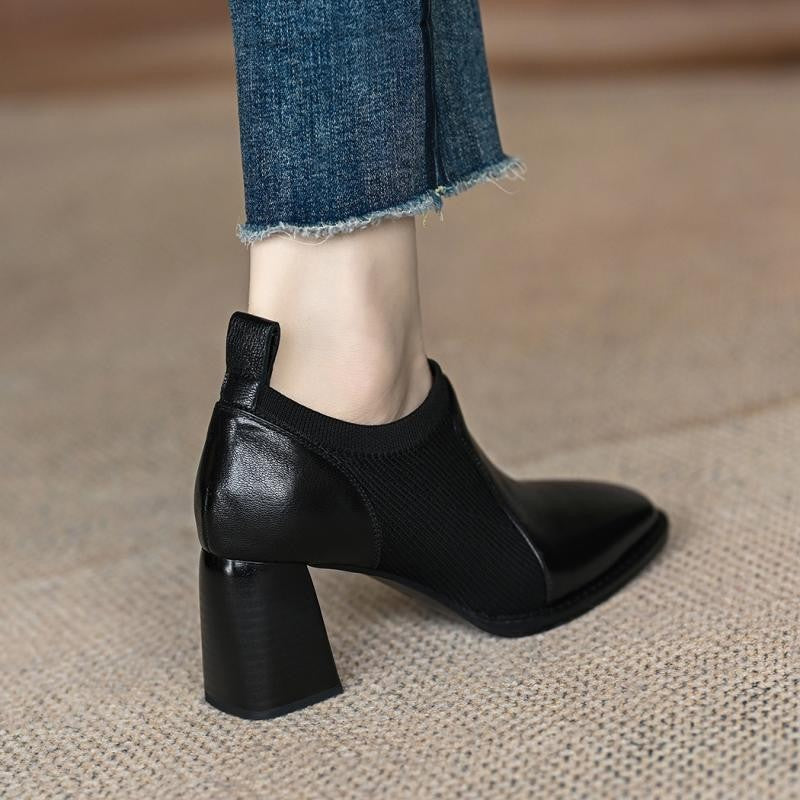 2024 new thick-heeled high heels women's spring and autumn nude boots, brown knitted deep shoes, British-style leather shoes