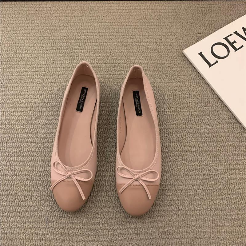 Flat French Small Fragrance Single Shoes Women's Shoes Spring 2025 Pink Ballerina Bow Granny Shoes Scoop Shoes