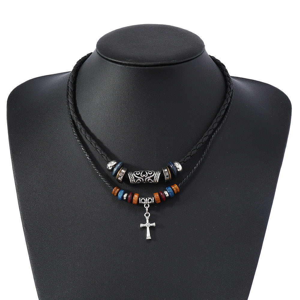 Factory direct sales alloy cross pendant collarbone chain men's vintage double adjustable necklace beaded necklace
