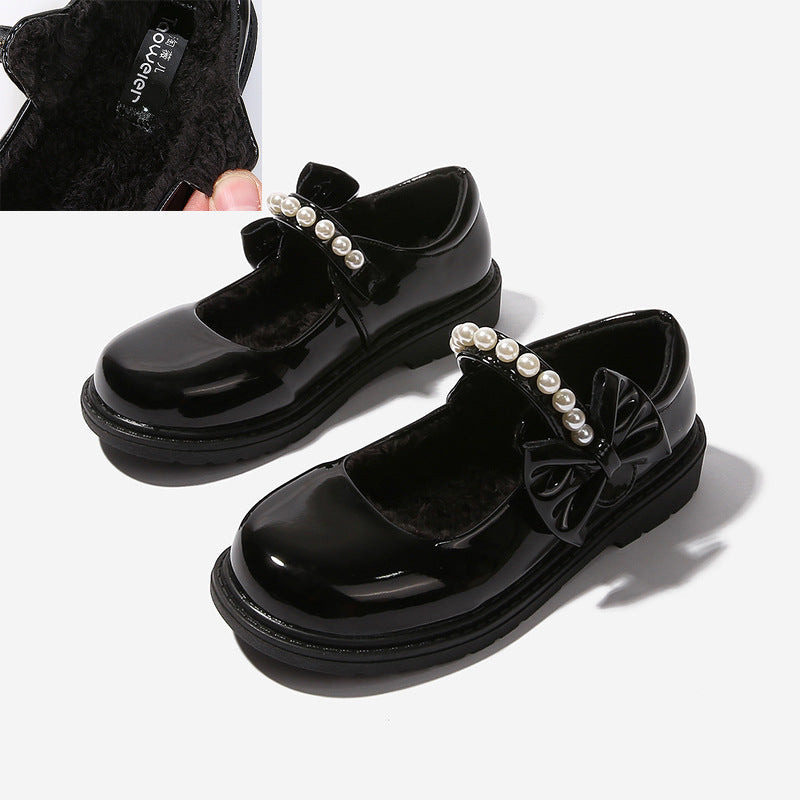 Plush girls' black leather shoes, autumn and winter children's Mary Jane shoes, student performance shoes, school shoes, performance cotton shoes