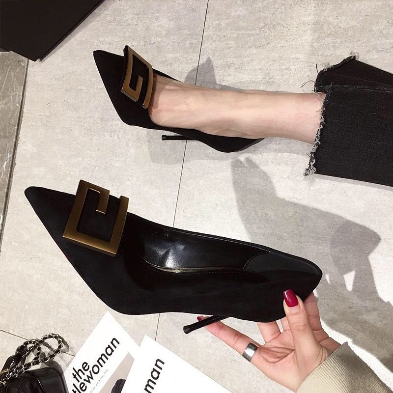 Spring 2023 New Girl Internet Celebrity Buckle French High Heels Women's Stiletto Pointed Toe Sexy Black Single Shoes Summer