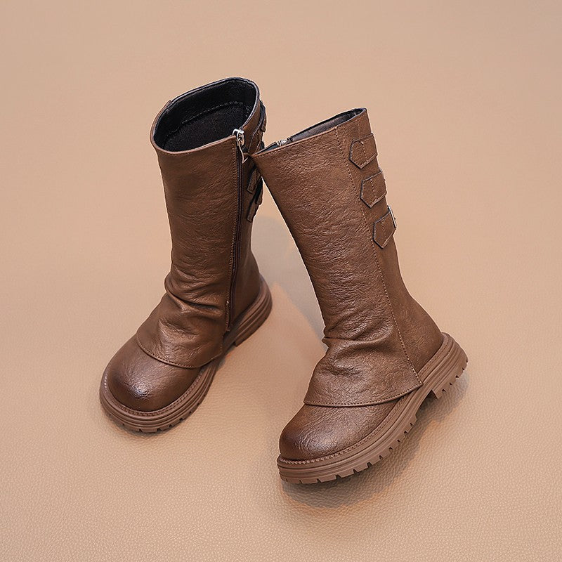 Girls' stacked shoes 2025 autumn and winter new Maillard children's Martin boots for little girls with leg and two cotton high boots