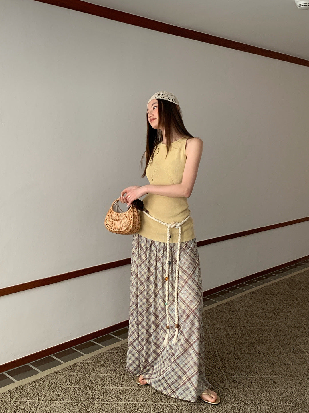 [Spot] high-waisted a-line tall mesh cool plaid skirt flowing knit skirt long skirt summer