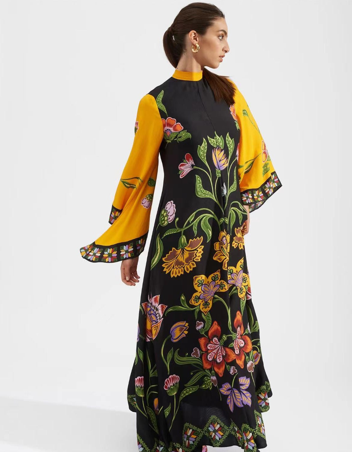 Cross-border foreign trade independent station Amazon Europe and the United States new summer print three-quarter sleeve stand-up collar dress