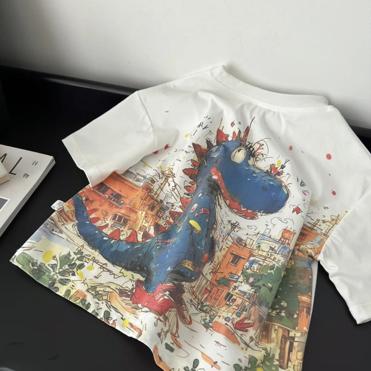 New kids summer casual round neck digital print dinosaur short sleeve t-shirt boys fashion wear cotton top