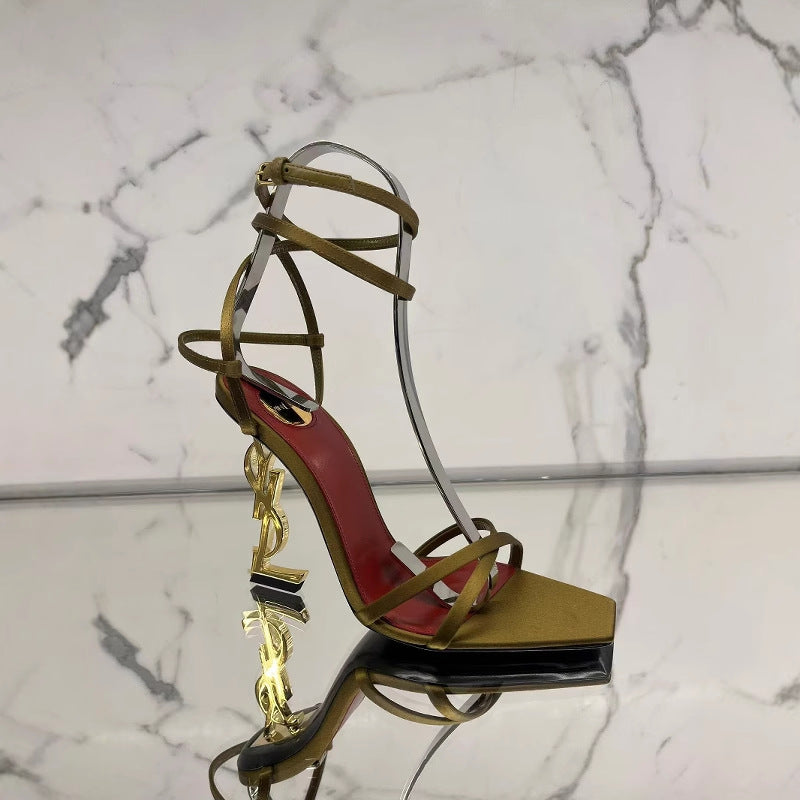 Gold letter heel sandals women's 2025 European and American new temperament cross open toe with thin heel sexy royal sister