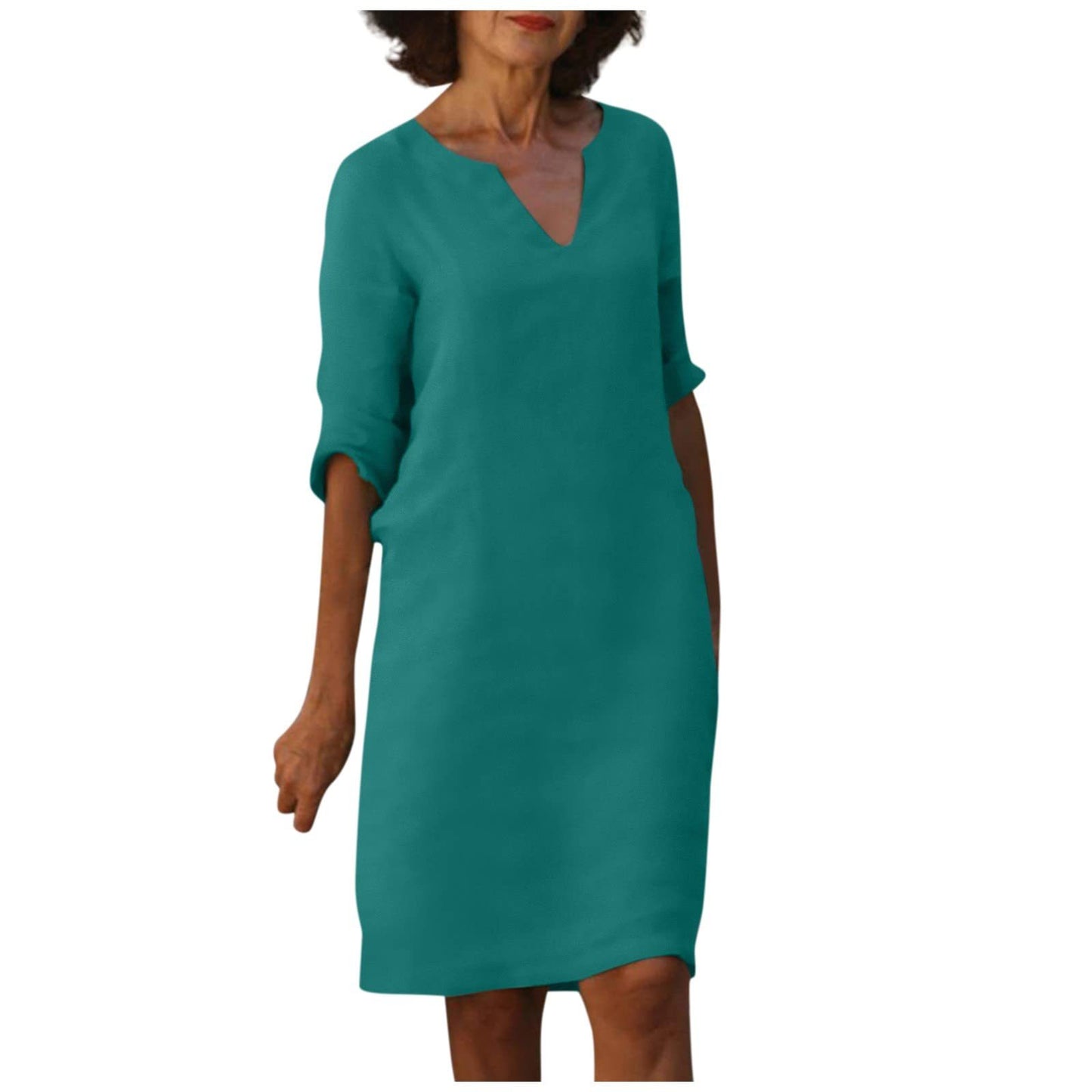 Amazon European and American cotton and linen V-neck stitching retro high-waisted solid color three-quarter sleeve dress cotton and linen wash crinkled fabric