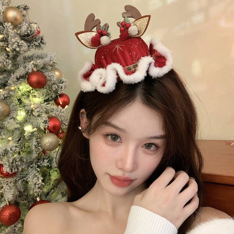 Christmas forest antler hat hairpins with cute plush three-dimensional Santa hat headdresses with sweet hairpins
