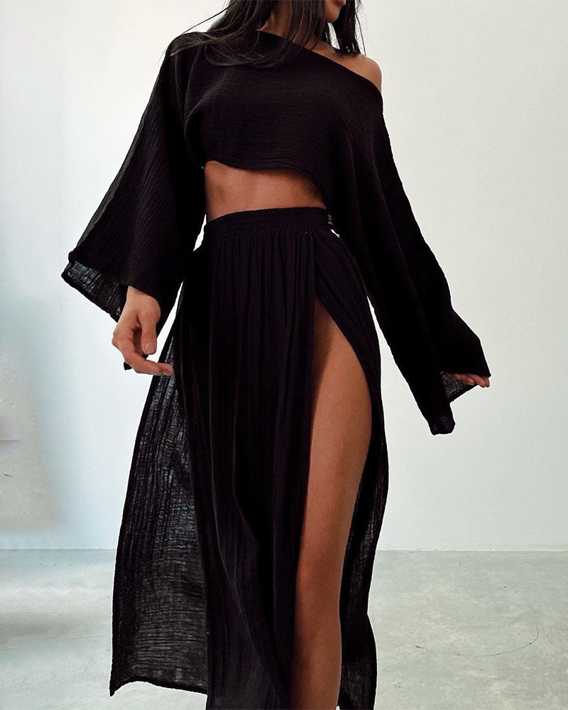 2024 casual vacation linen-blend crop top, high-waisted chic slit, cotton and linen casual two-piece set