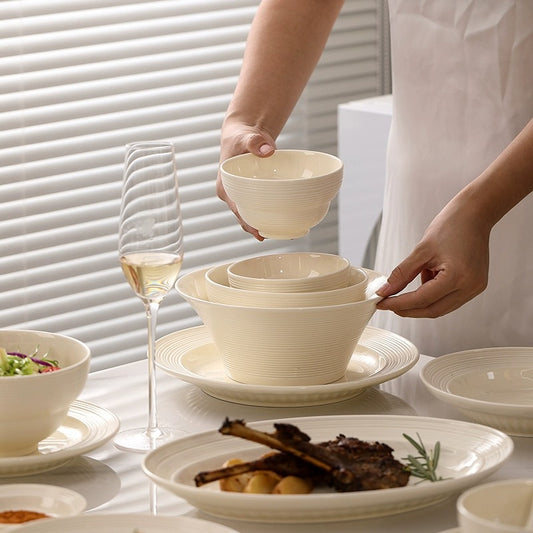 2024 New Nordic Simple Wind Bowl Plate Ceramic Brushed Household Premium Milky White Ceramic Tableware Set