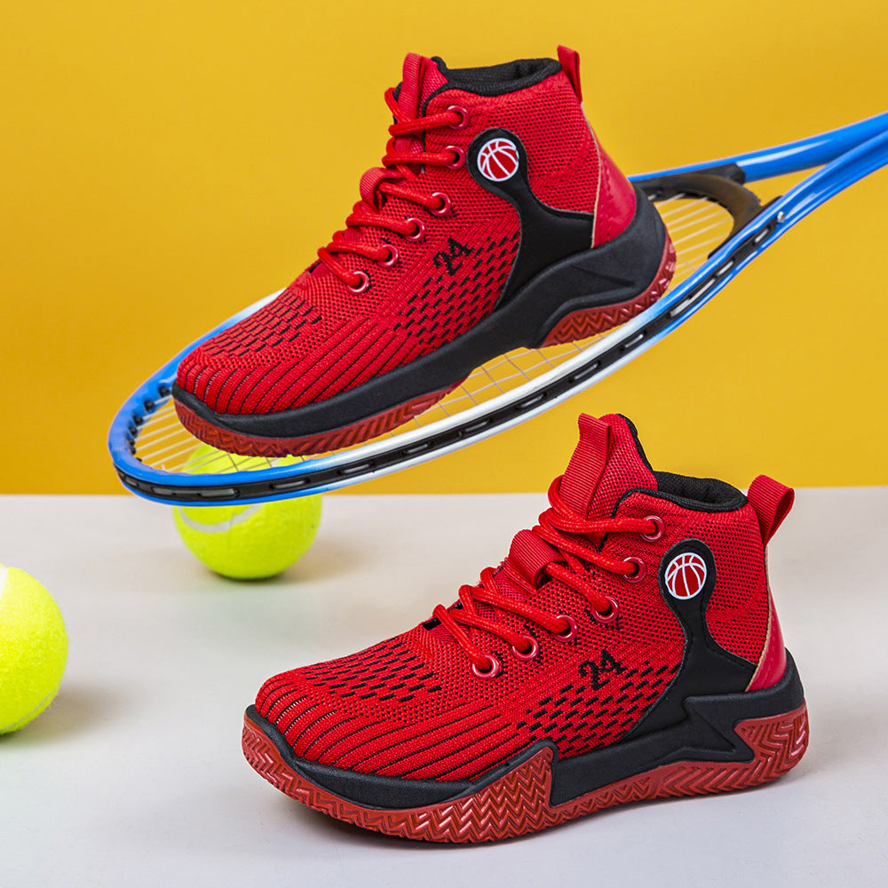 Cross-border children's basketball shoes spring fly-woven mesh breathable lightweight running shoes mid-top platform rebound sports shoes