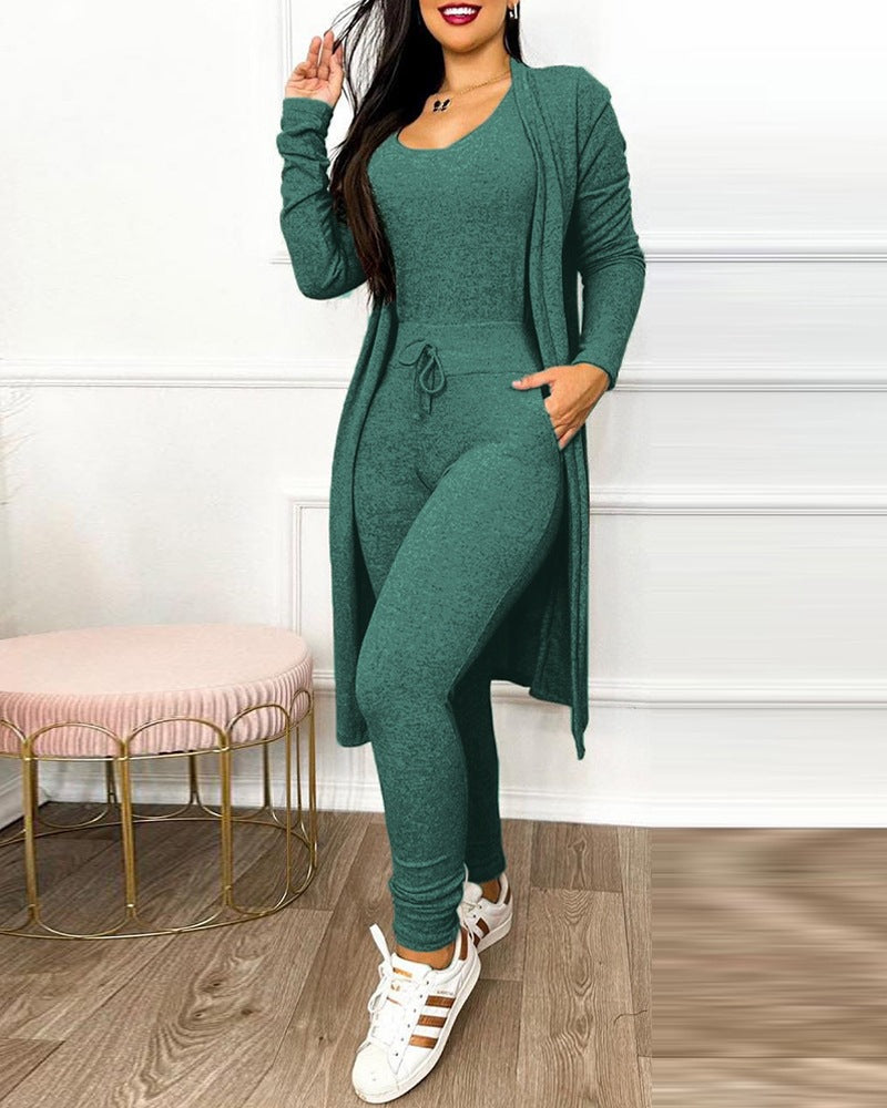 Cross-border European and American foreign trade, new autumn and winter fashion long jumpsuits, long cardigans, casual suits, long sleeves in stock