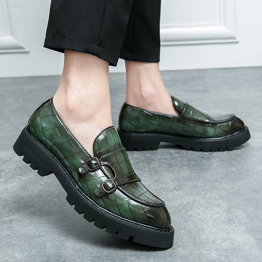 2023 new size double pin buckle loafers men's patent leather shiny block heel platform sole heightened hairstylist casual leather shoes