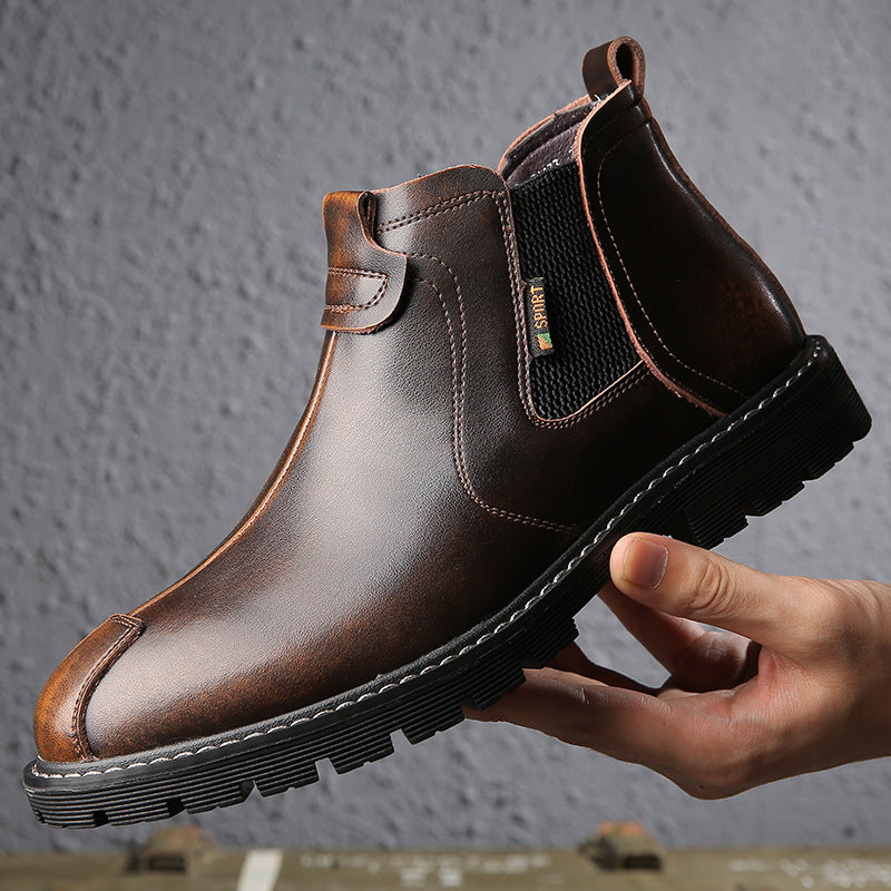 Chelsea boots men's British style Martin boots high-top leather winter plus velvet warm mid-top boots men's thick-soled ankle boots