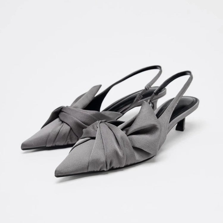 ZA2025 Spring/Summer New Gray Silk Satin Texture Knot Slingback Pointed Toe Mules Cat Heel Toe Sandals Women