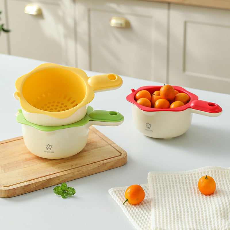 Cute handle drain basket double layer washing fruit artifact kitchen home new living room drench basket delicate small fruit plate
