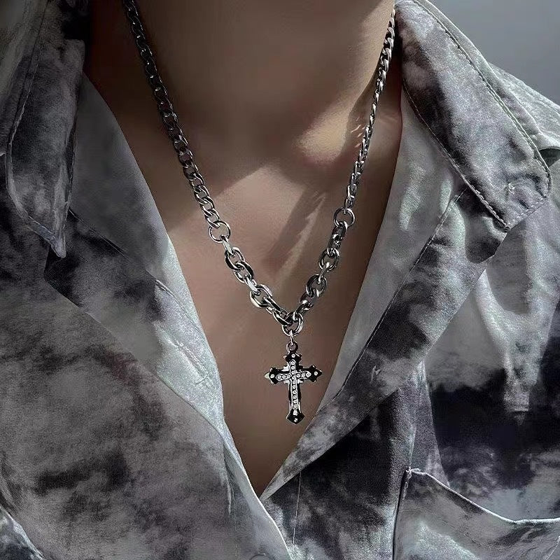 European and American personality trend double chain splicing diamond three-layer cross pendant necklace men's hip hop trendy cool versatile necklace