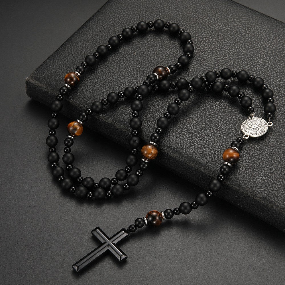Cross-border Amazon same natural stone black volcanic rock yellow tiger eye iron stone cross religious men's necklace