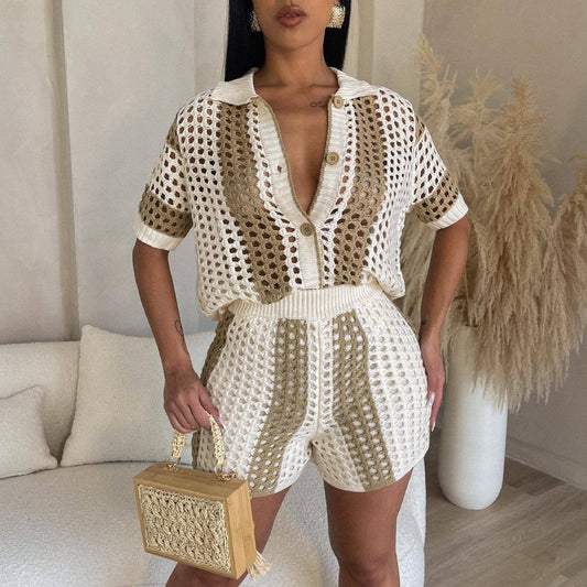 Amazon AliExpress hot sale European and American women's sexy women openwork sheer lapel knit shorts set