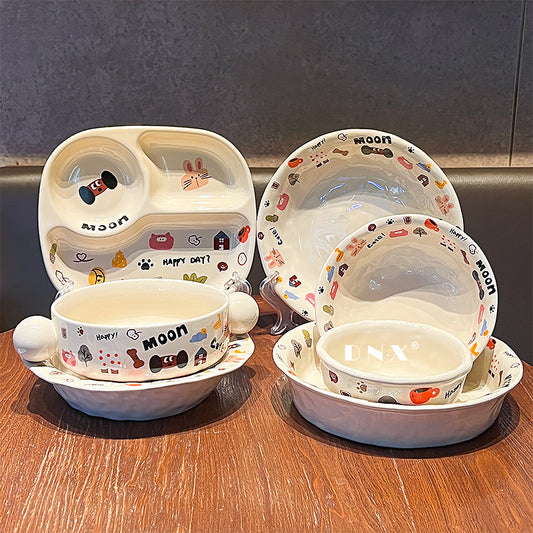 Cute moon dog ceramic tableware high value ins dinner plate, rice bowl, salad bowl, soup plate, household dish plate gift box