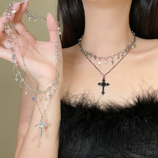 Dark sweet cool design sense diamond cross pendant necklace female niche sense of luxury multi-layered clavicle chain tide
