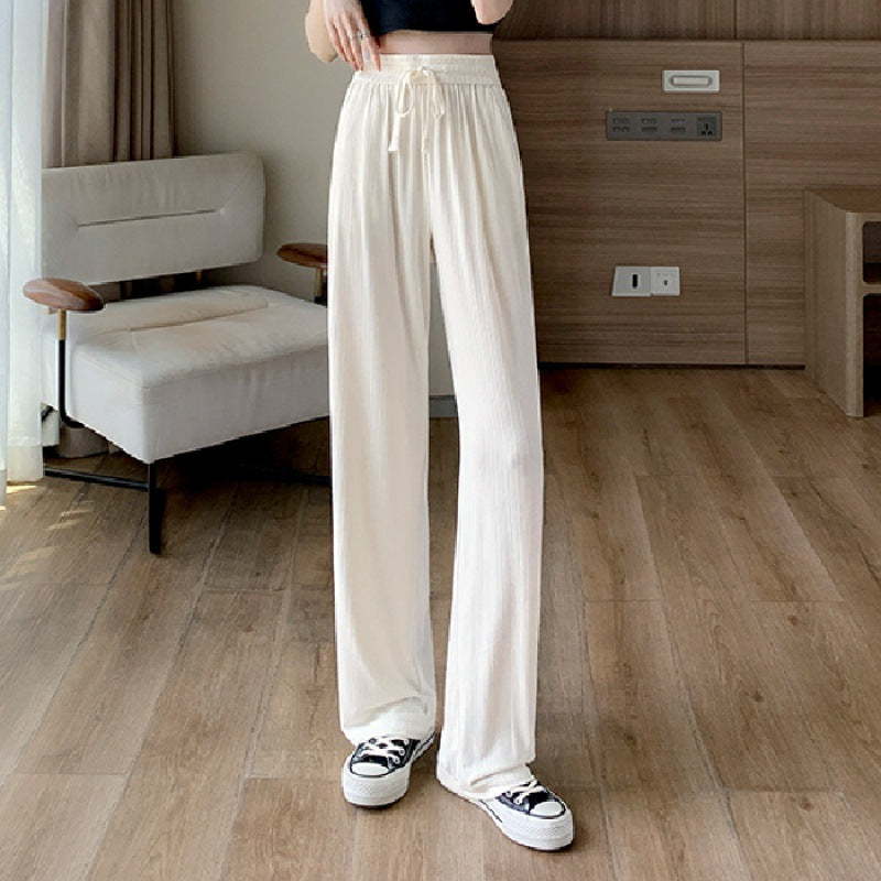 Light green ice silk wide-leg pants women's summer thin section anti-mosquito small tall waist drape narrow version straight cool trousers