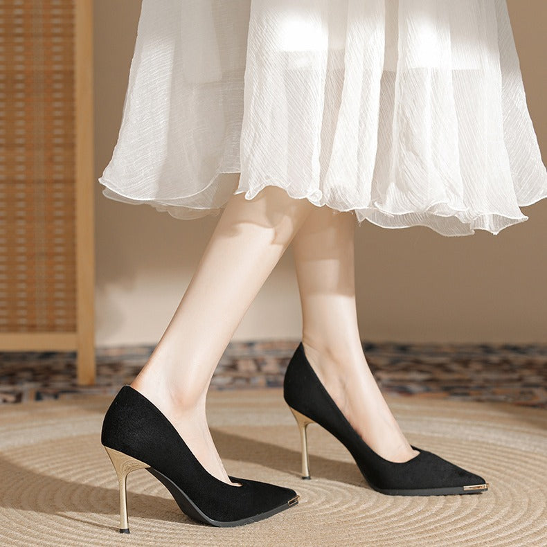Naipai French Single Shoes Black Pointed Toe Heels Women's Stiletto Heels New Spring 2024 Professional Metal Decorations
