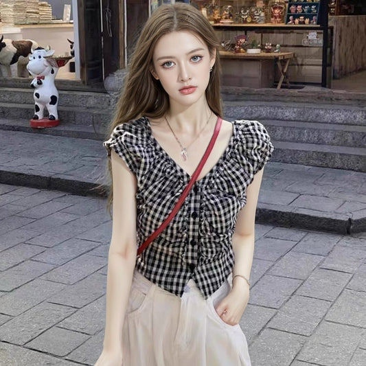 Cross-border foreign trade retro black and white plaid V-neck sleeveless shirt women's slim cropped top summer niche slim fit