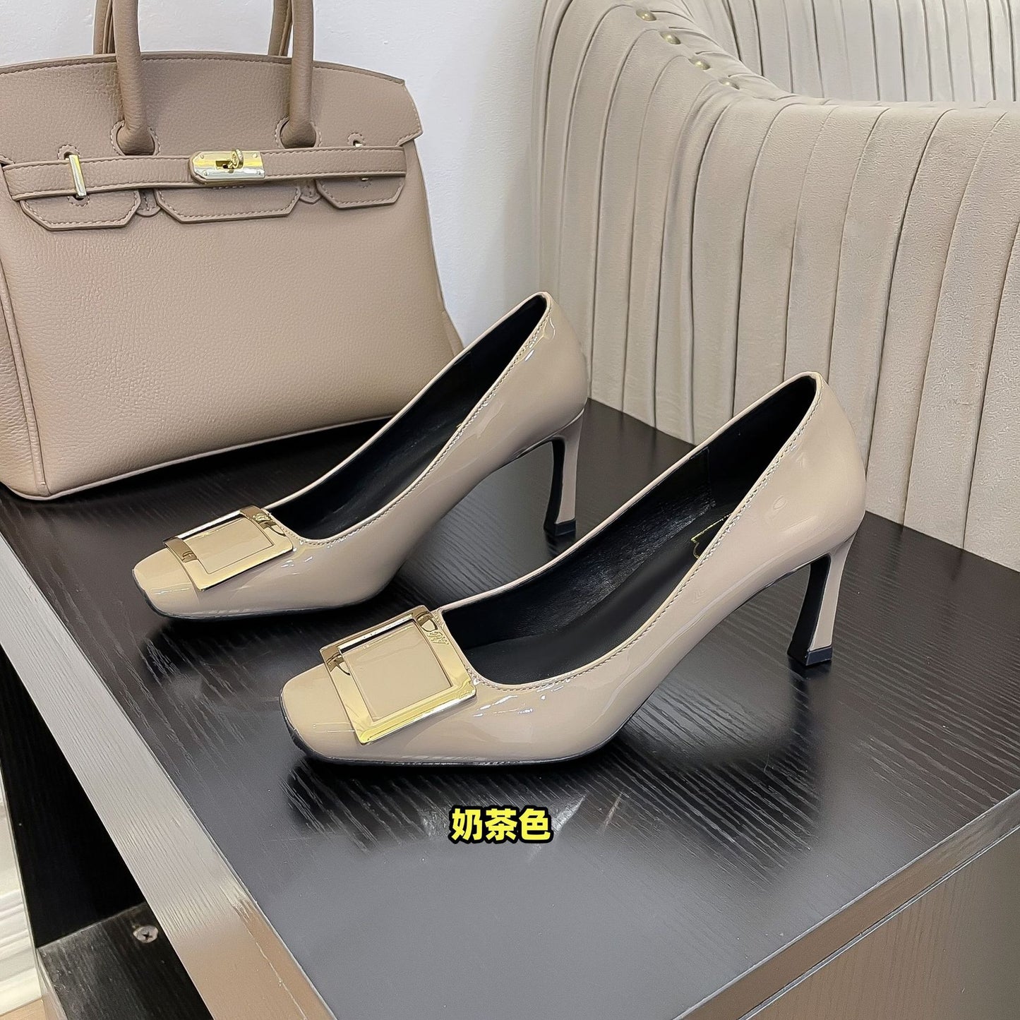 Patent leather square buckle high heels, single shoes, thick heels, medium heels, square toe pumps, women's shoes, commuting office lady, workplace style, thin heel women's shoes