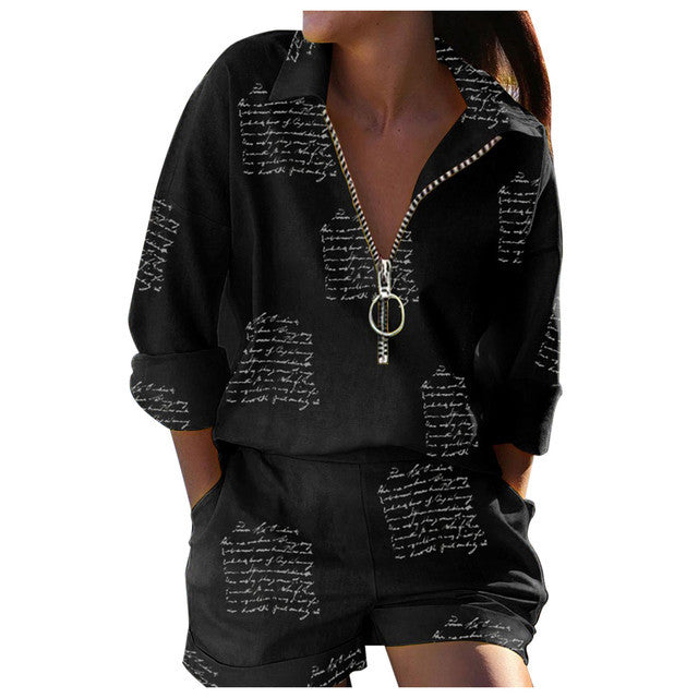 2023 European and American Amazon cross-border e-commerce independent station new women's printed zipper shirt shorts set