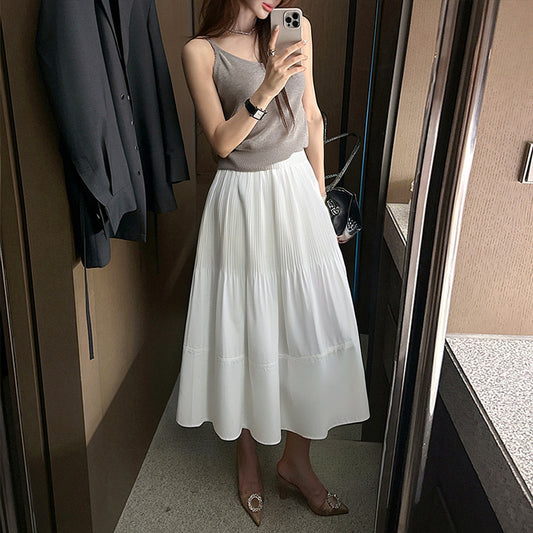 White big swing skirt women's 2025 summer new high-waisted pressed pleated A-line skirt for small people to look thin mid-length umbrella skirt
