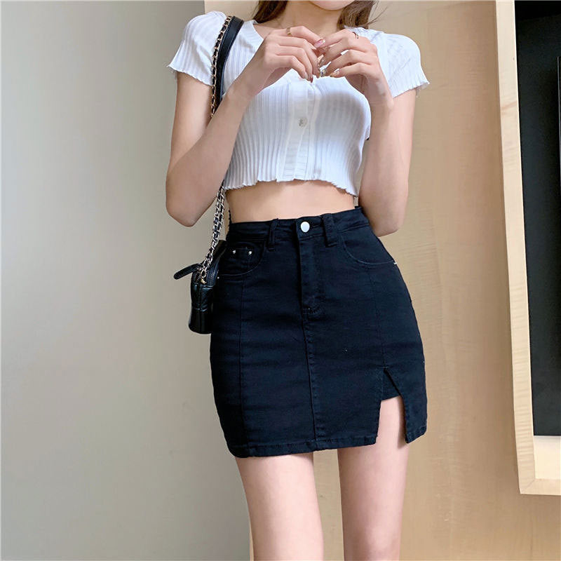 Anti-walking denim skirt ins style new stretch high-waisted A-line short skirt slit hip black skirt women