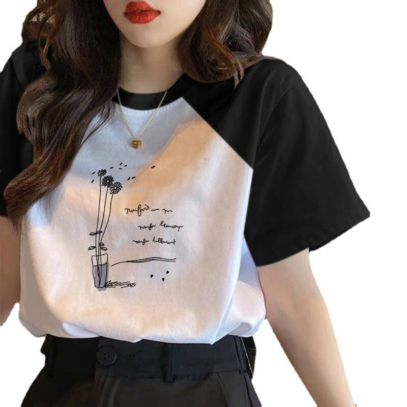 100 cotton contrasting short sleeve t-shirt women's 2024 new spring and summer loose body shirt versatile top ins tide girl
