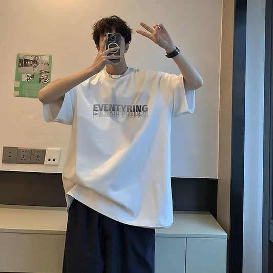 Trendy autumn men's short sleeve t-shirt men's cotton crew neck fat plus size fat loose short sleeve navy blue