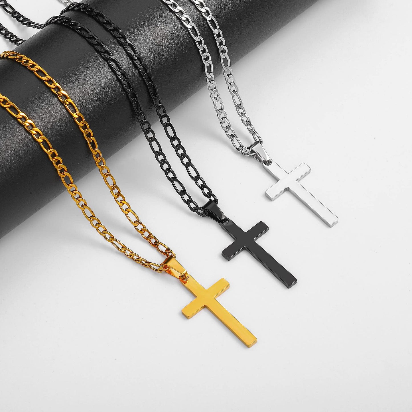 Cross Border Hot Selling 18k Gold Stainless Steel Cross Necklace Men's Figaro Chain Black Silver Gold Ten Pendant
