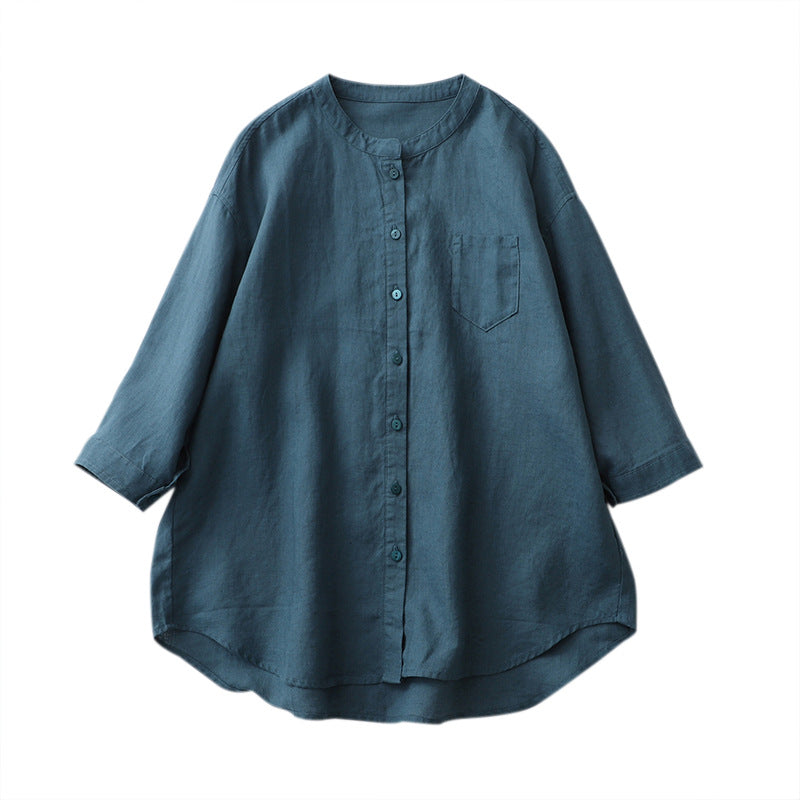 2025 summer linen shirt stand-up collar three-quarter sleeve white shirt loose plus size sunscreen shirt japanese cotton and linen women's clothing