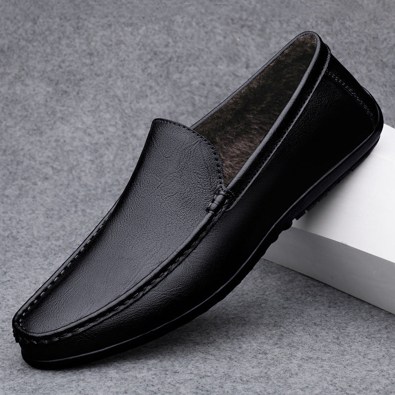 One Kick Men's Shoes Leather Lazy Beanie Shoes Soft Sole Leather Shoes Men's Business Flat Casual Shoes Cross Border Plus Size