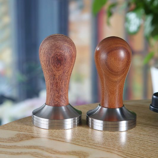 Stainless steel powder press, solid coffee press hammer, flat bottom thread, red guibao solid wood handle 51mm53mm58mm