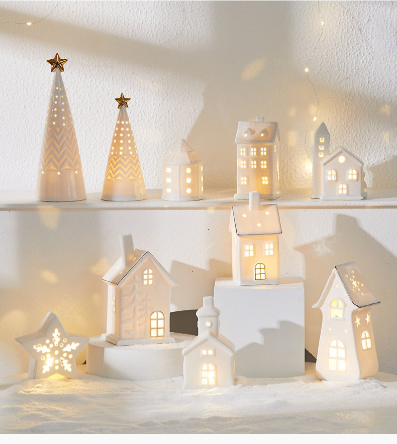 Christmas Ceramic Luminous Christmas Tree Cottage Tabletop Home Ceramic Ornaments Scene Arrangement Props Christmas Gifts