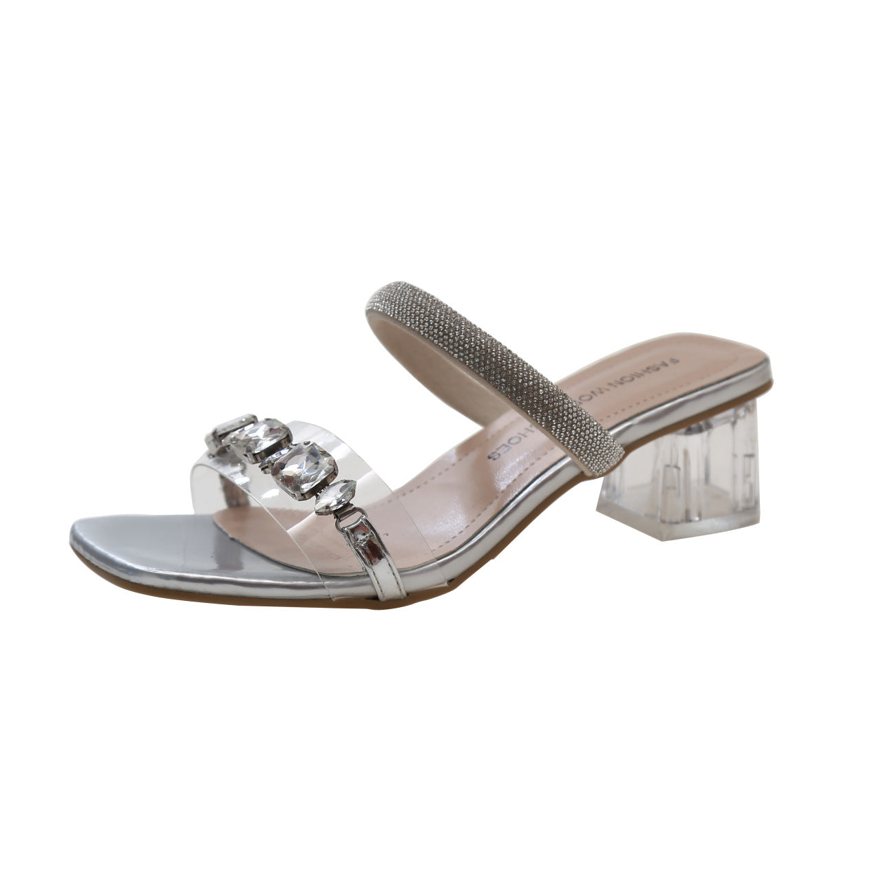 Size 35-42 Large Size Women's Shoes High Heel Rhinestone Sandals Women's Summer Wear Temperament Sheer Heel Block Heel Slippers 41