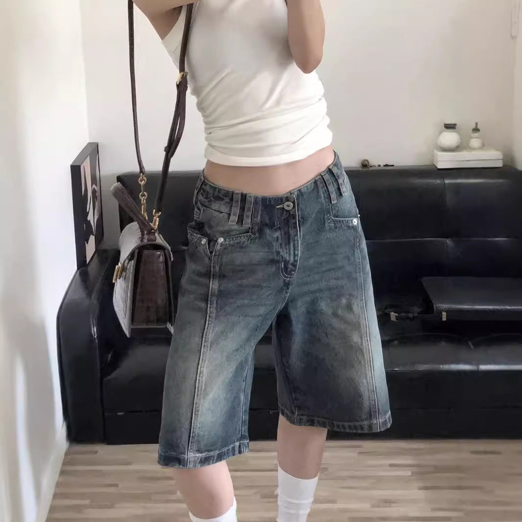 American vibe retro washed old denim shorts women's high street tide brand design sense loose straight five-point pants