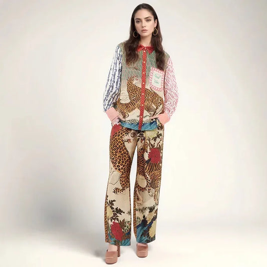 European and American cross-border new women's independent station fashion personality print long-sleeved wide-leg pants color-blocked vacation leisure suit