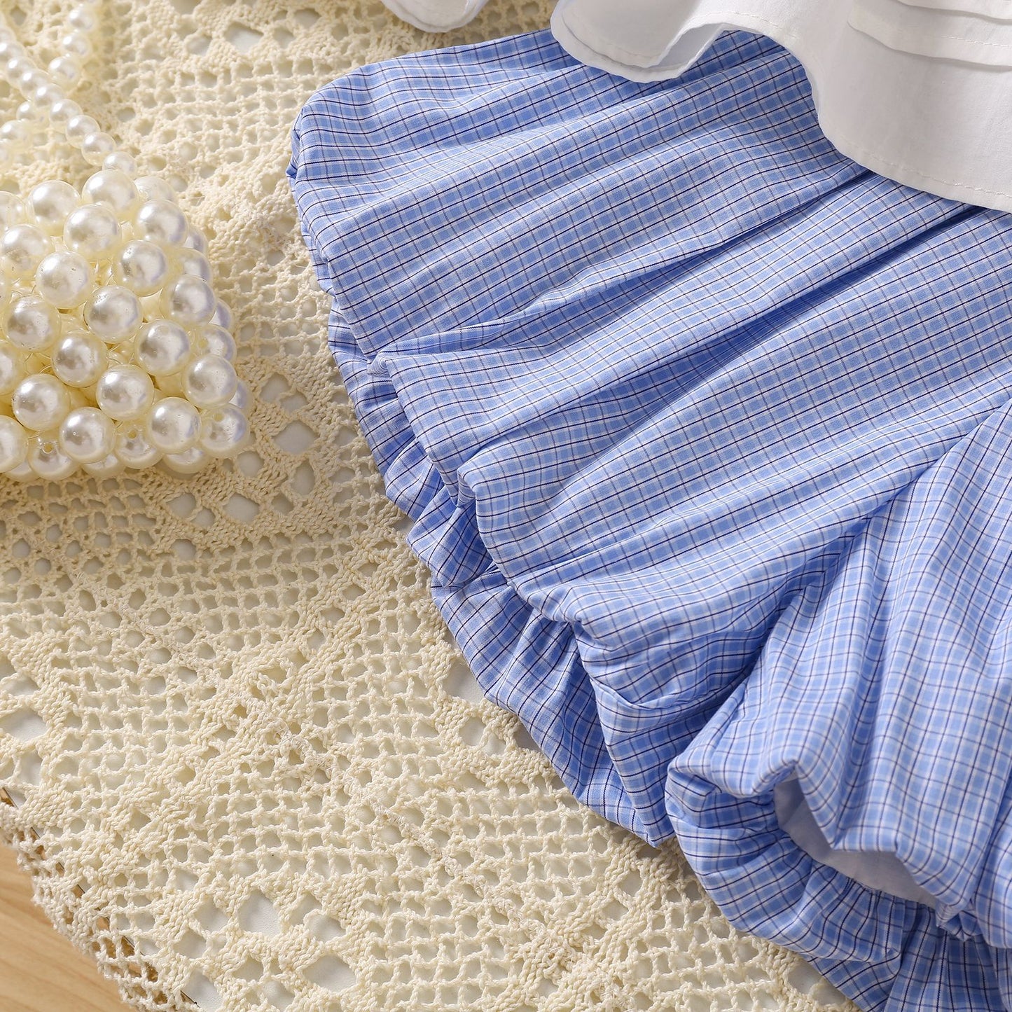 2025 Korean version of the girl's suit, summer new sleeveless blue checkered shirt dress, bud shorts, foreign two-piece set