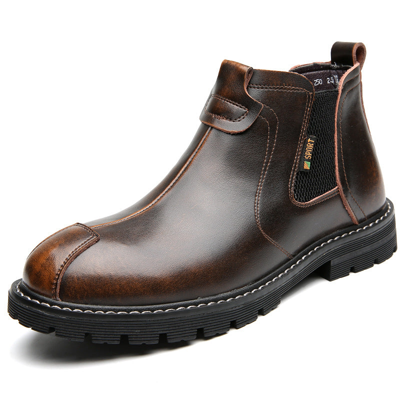 Chelsea boots men's British style Martin boots high-top leather winter plus velvet warm mid-top boots men's thick-soled ankle boots
